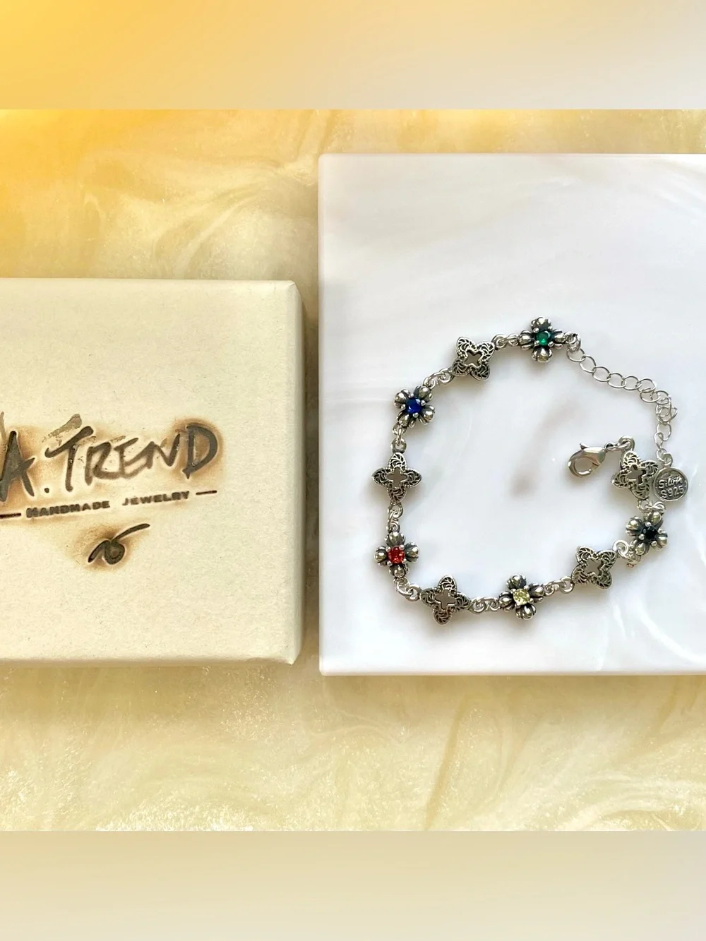 Sterling Silver Floral Multi-Gem Bracelet in Green, Red, Yellow, and Blue - Picture 5 of 5